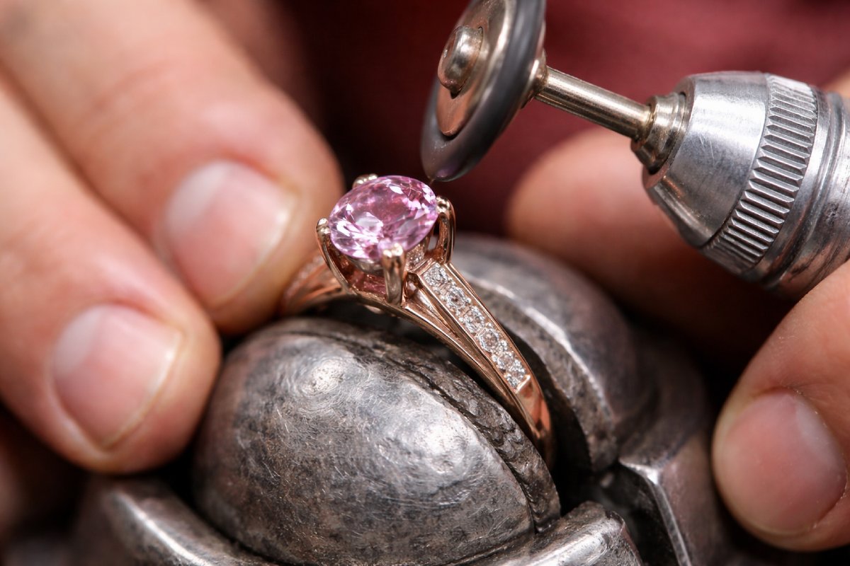 Artisan joaillier polissant une bague en or sertie d’un diamant lors de la transformation d’un bijou de famille en alliance sur mesure.